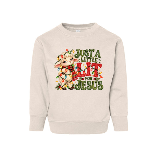 Just A Little Lit For Jesus toddler Christmas sweatshirt with a lamb wrapped in Christmas lights, front