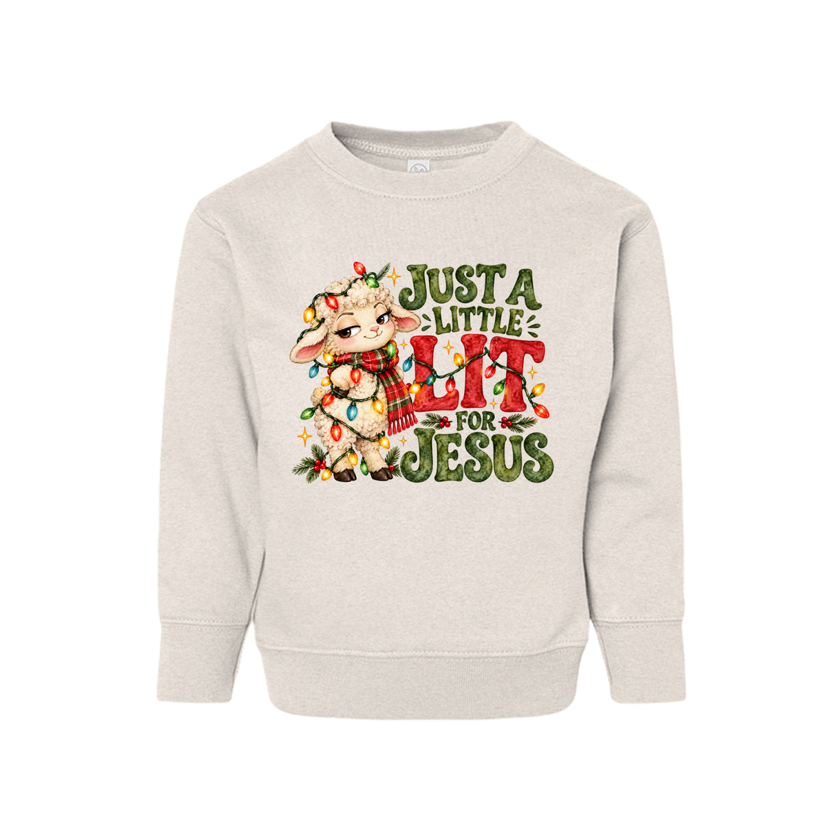 Just A Little Lit For Jesus toddler Christmas sweatshirt with a lamb wrapped in Christmas lights, front