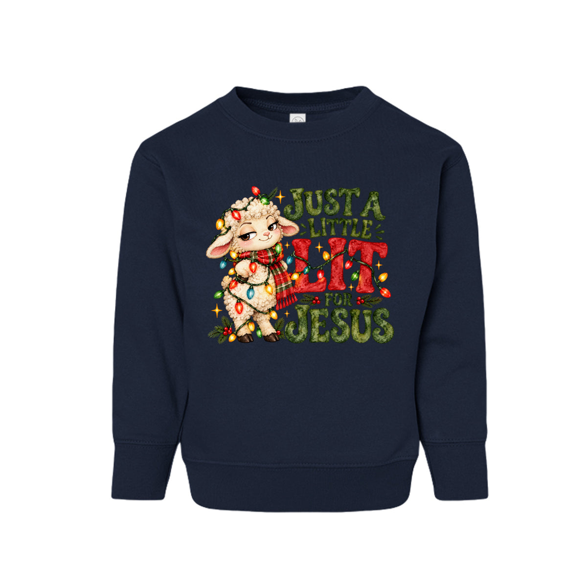 Just A Little Lit For Jesus toddler Christmas sweatshirt with a lamb wrapped in Christmas lights, front
