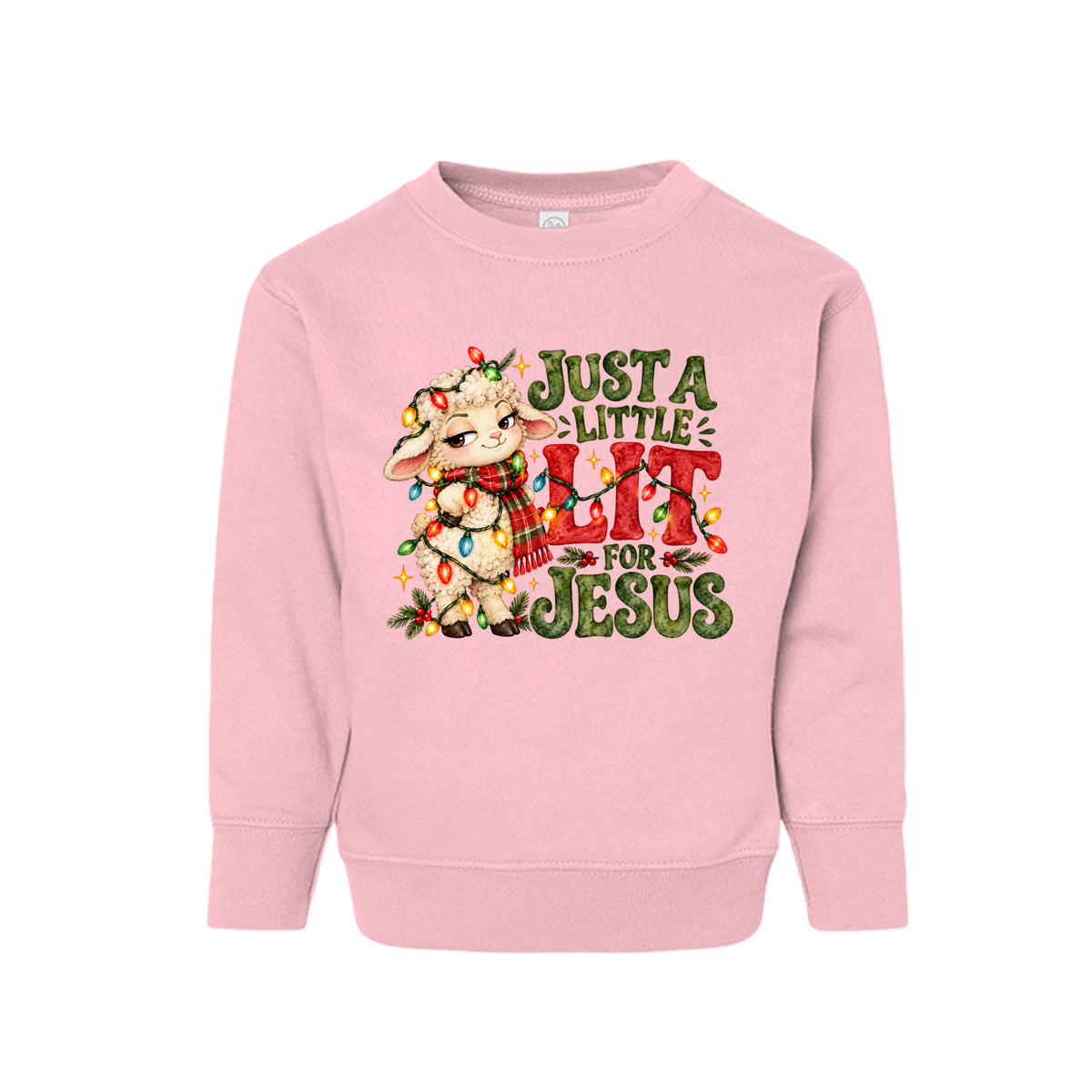 Just A Little Lit For Jesus toddler Christmas sweatshirt with a lamb wrapped in Christmas lights, front
