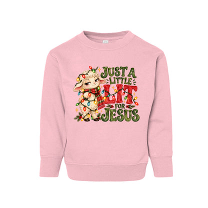 Just A Little Lit For Jesus toddler Christmas sweatshirt with a lamb wrapped in Christmas lights, front
