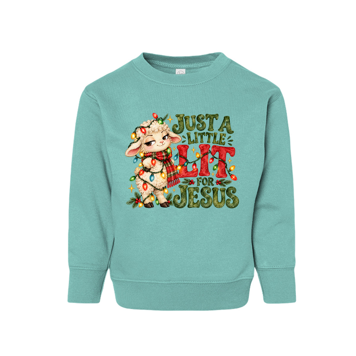 Just A Little Lit For Jesus toddler Christmas sweatshirt with a lamb wrapped in Christmas lights, front