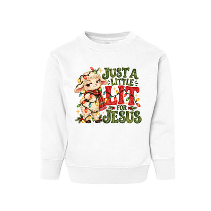 Just A Little Lit For Jesus toddler Christmas sweatshirt with a lamb wrapped in Christmas lights, front