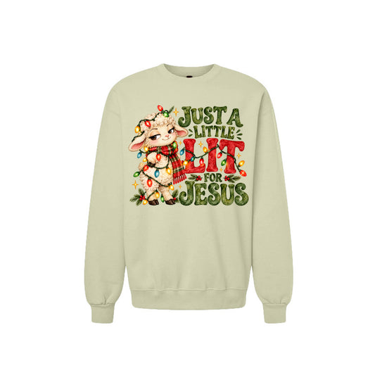 Just A Little Lit For Jesus Christmas sweatshirt with a lamb wrapped in Christmas lights, front