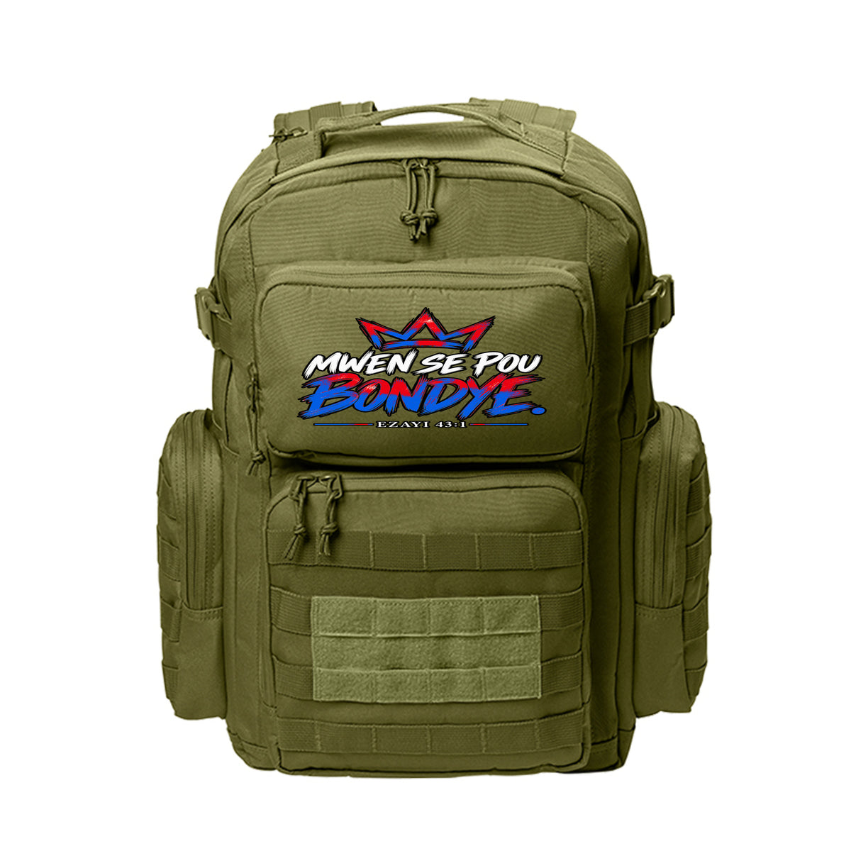 Mwen Se Pou Bondye Haitian Kreyòl Christian backpack in Olive Drab Green, Ezayi 43:1