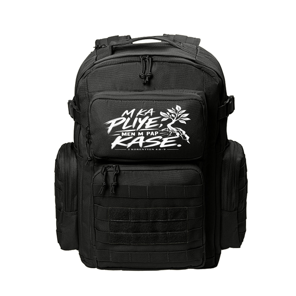 M Ka Pliye, Men M Pap Kase Haitian Kreyòl Christian backpack in Black, 2 Korentyen 4:8-9