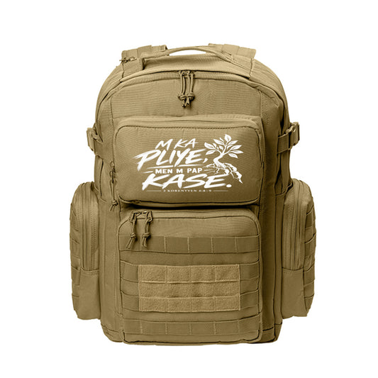 M Ka Pliye, Men M Pap Kase Haitian Kreyòl Christian backpack in Coyote Brown, 2 Korentyen 4:8-9