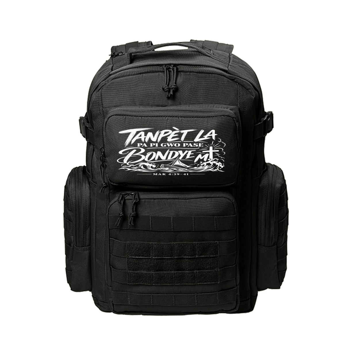 Tanpèt La Pa Pi Gwo Pase Bondye M Haitian Kreyòl Christian backpack in Black, Mak 4:39-41