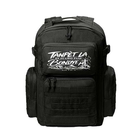Tanpèt La Pa Pi Gwo Pase Bondye M Haitian Kreyòl Christian backpack in Black, Mak 4:39-41