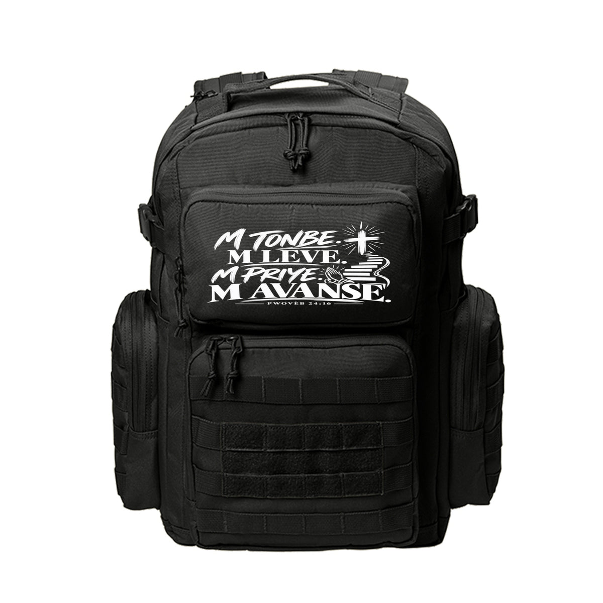 M Tonbe. M Leve. M Priye. M Avanse. Haitian Kreyòl Christian backpack in Black, Pwovèb 24:16