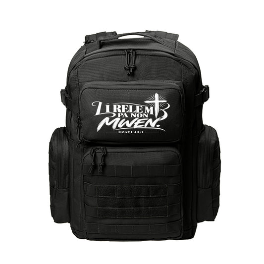Li Rele M Pa Non Mwen Haitian Kreyòl Christian backpack in Black, Ezayi 43:1