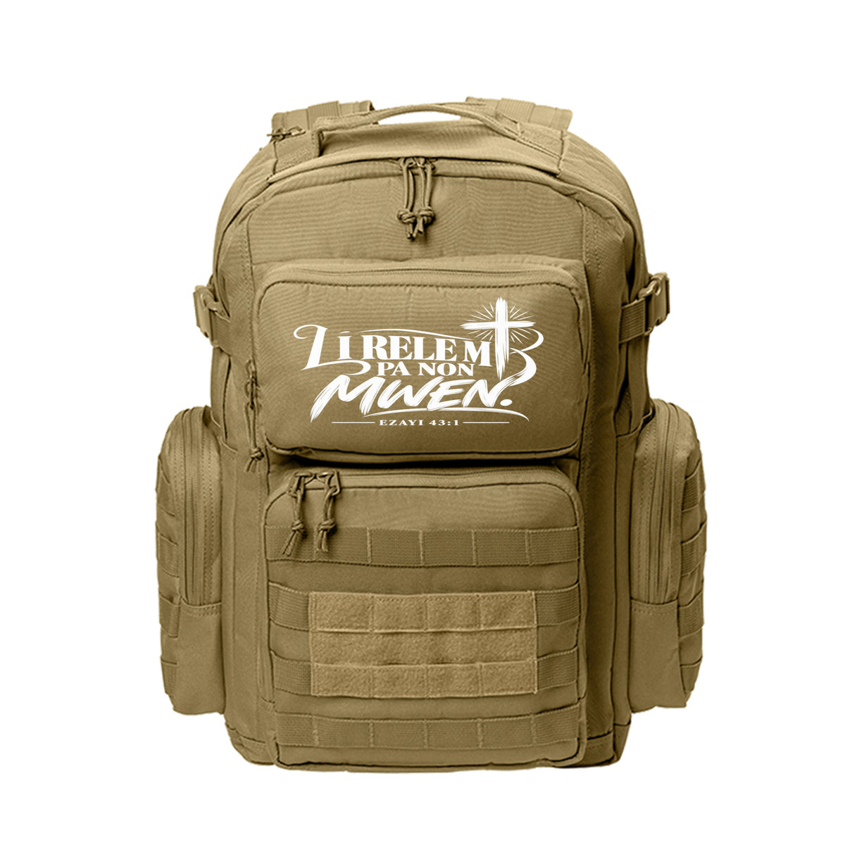 Li Rele M Pa Non Mwen Haitian Kreyòl Christian backpack in Coyote Brown, Ezayi 43:1