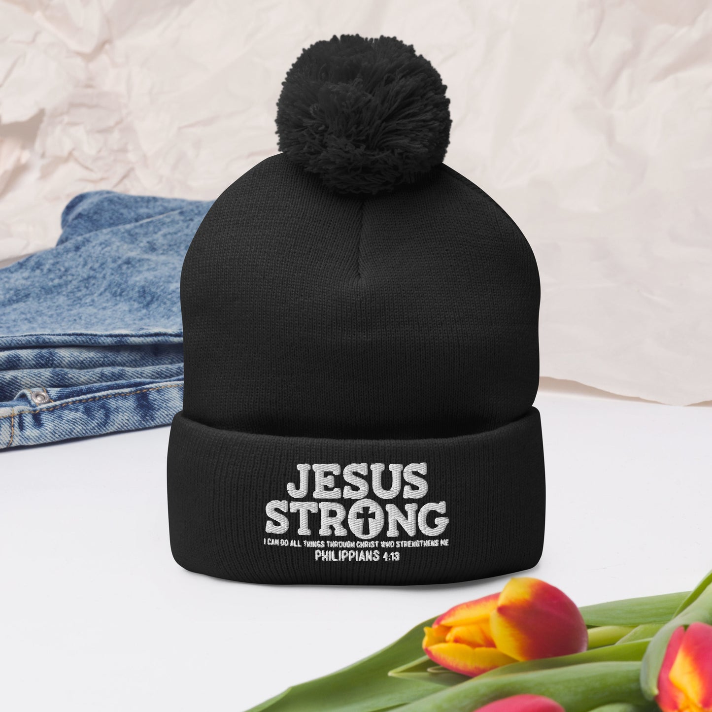 Jesus Strong Adult Christian Pom-Pom Beanie