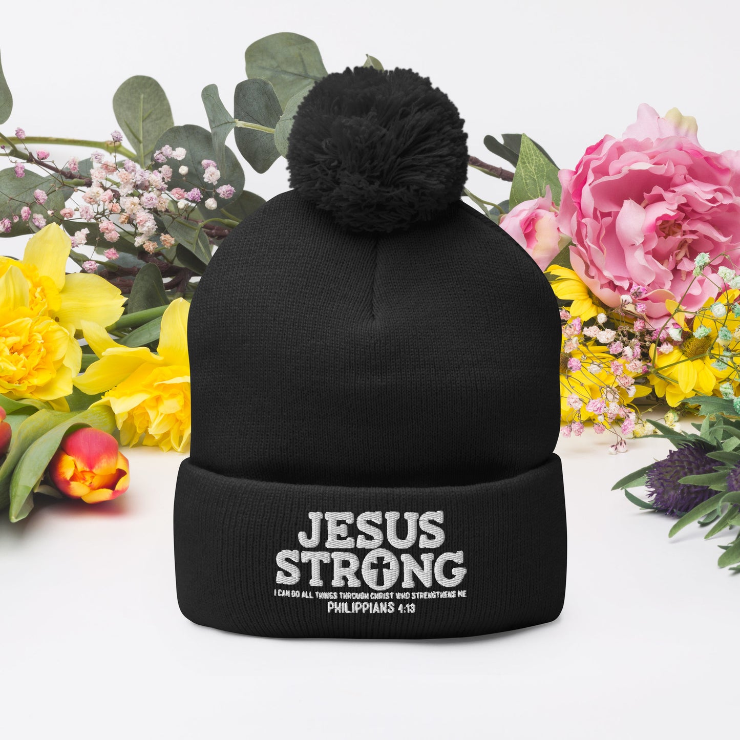 Jesus Strong Adult Christian Pom-Pom Beanie