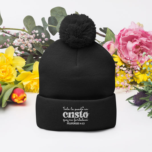 Todo La Puedo En Cristo Que Me Fortalece Spanish Christian Pom-Pom Beanie