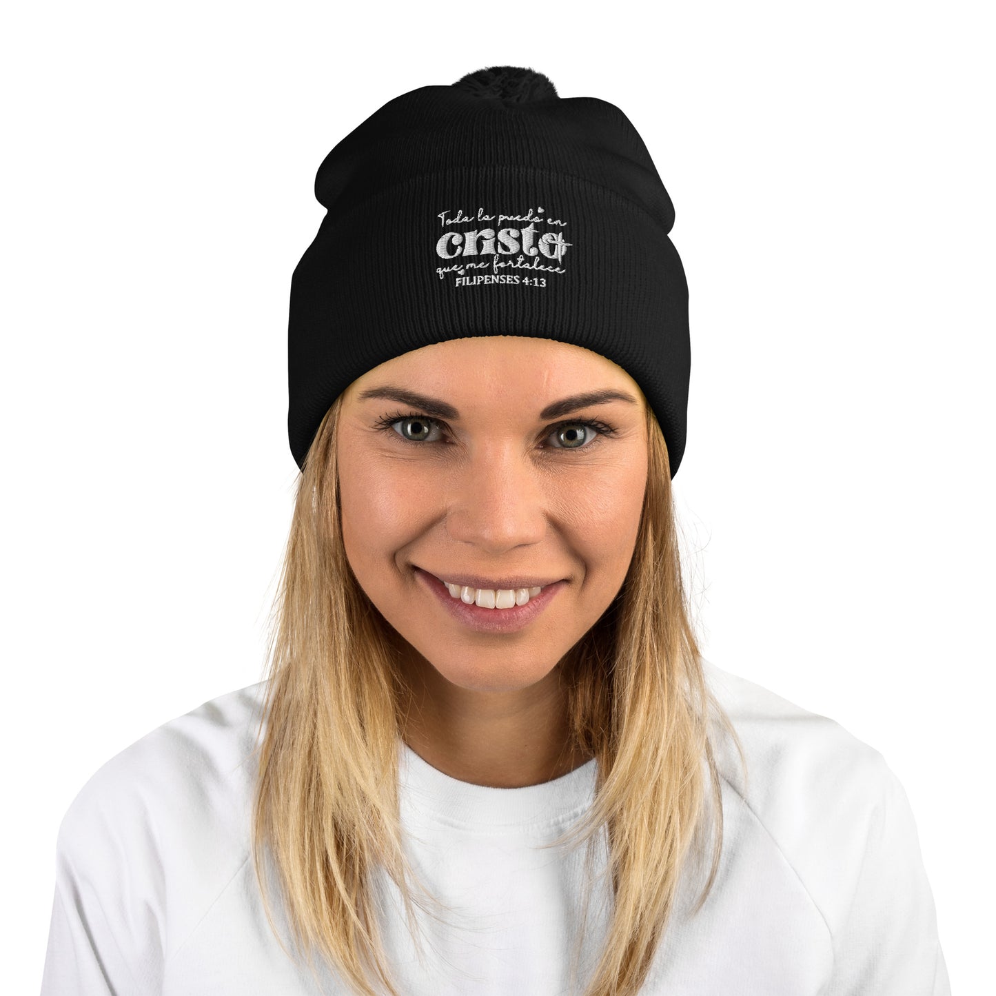 Todo La Puedo En Cristo Que Me Fortalece Spanish Christian Pom-Pom Beanie