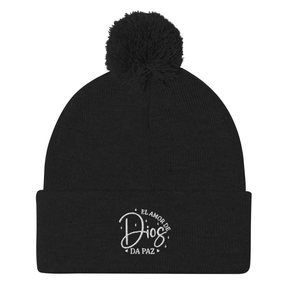 Amor De Dios Da Paz Spanish Christian Pom-Pom Beanie