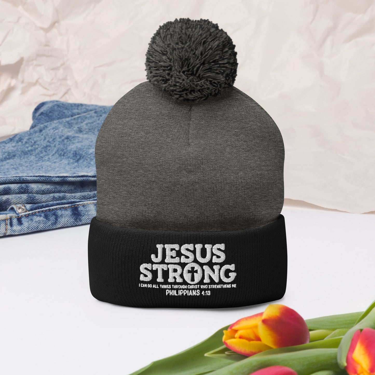 Jesus Strong Adult Christian Pom-Pom Beanie