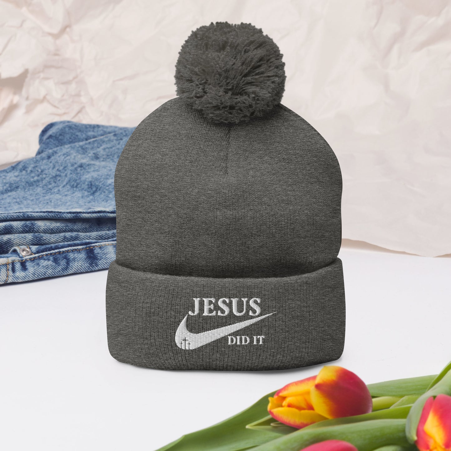 Jesus Did It (Like Nike) Adult Christian Pom-Pom Beanie