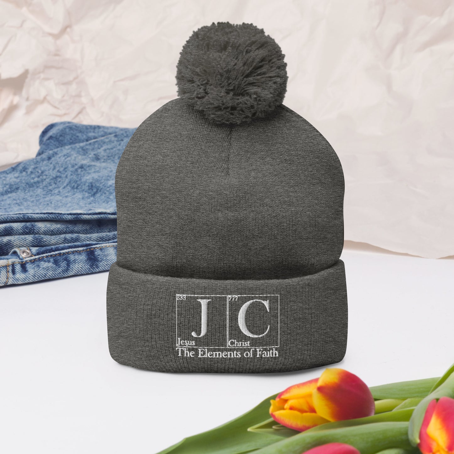 JC Jesus Christ The Elements Of Faith Adult Christian Pom-Pom Beanie