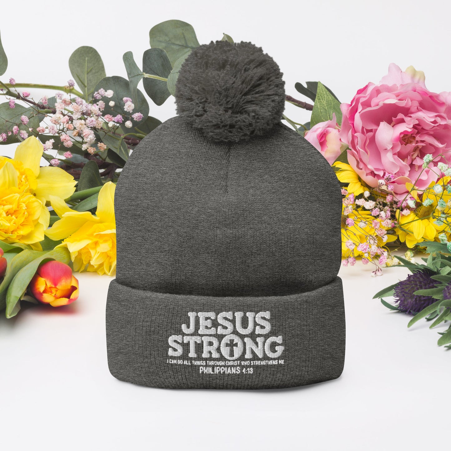 Jesus Strong Adult Christian Pom-Pom Beanie