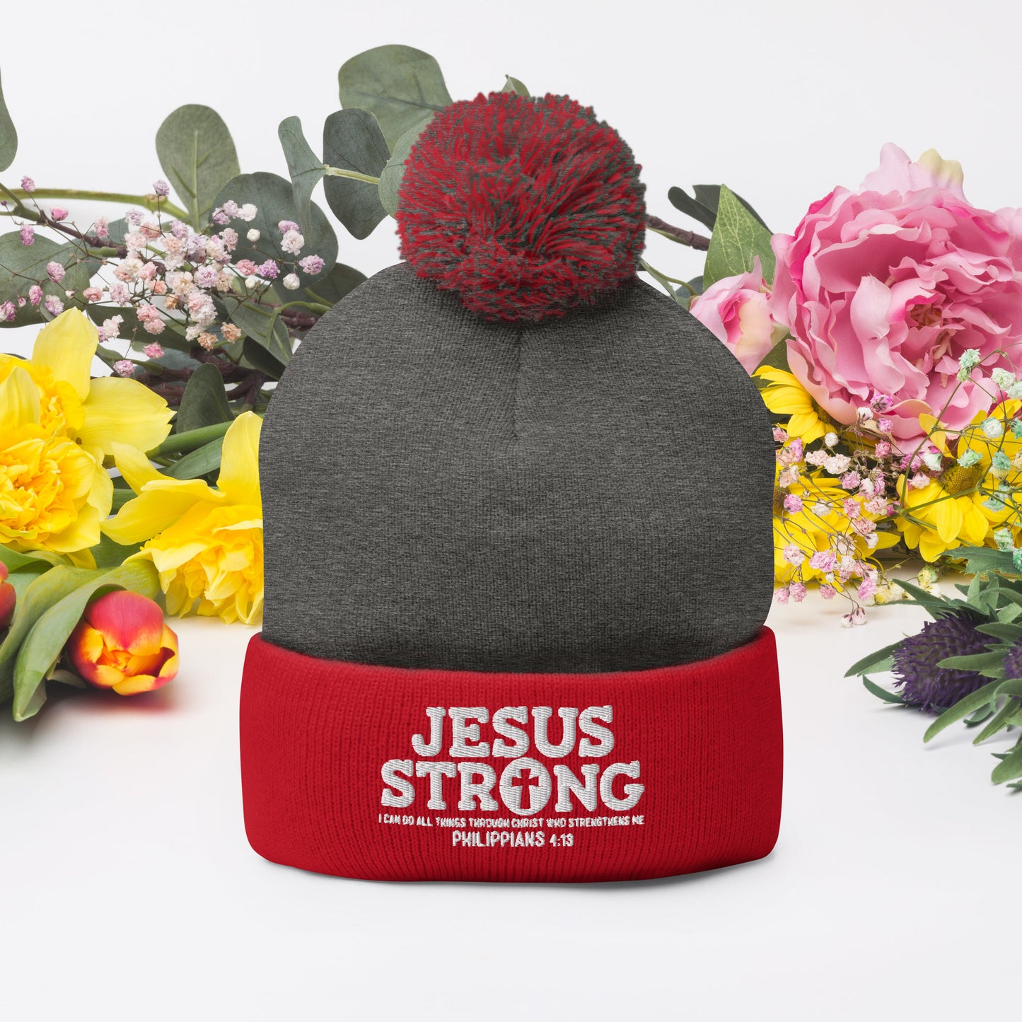 Jesus Strong Adult Christian Pom-Pom Beanie