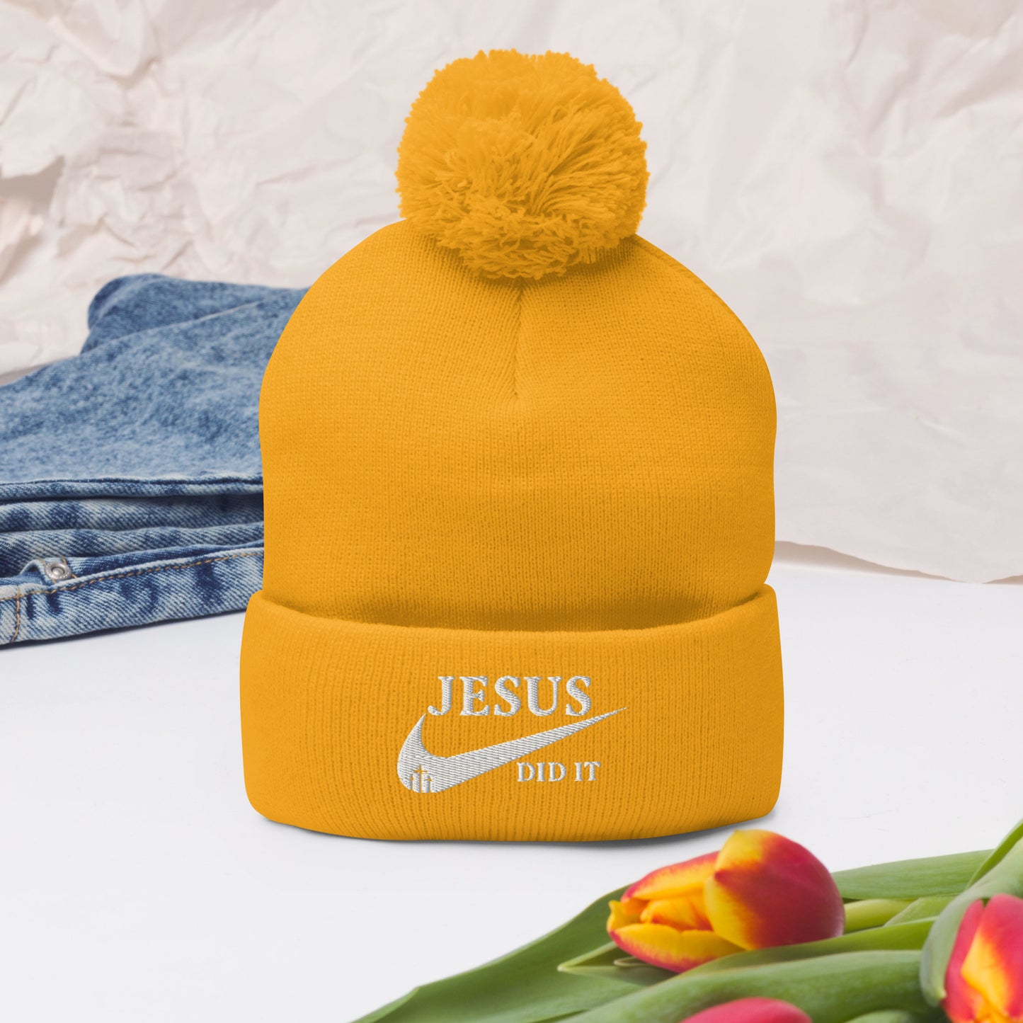 Jesus Did It (Like Nike) Adult Christian Pom-Pom Beanie