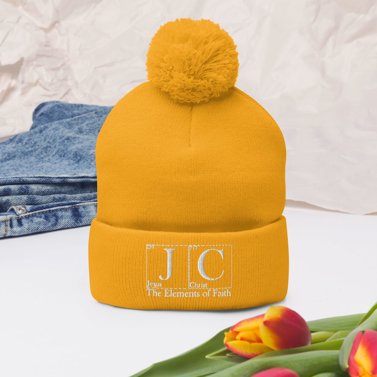 JC Jesus Christ The Elements Of Faith Adult Christian Pom-Pom Beanie