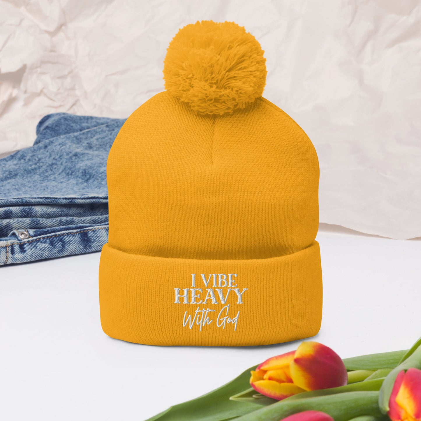 I Vibe Heavy With God Adult Christian Pom-Pom Beanie