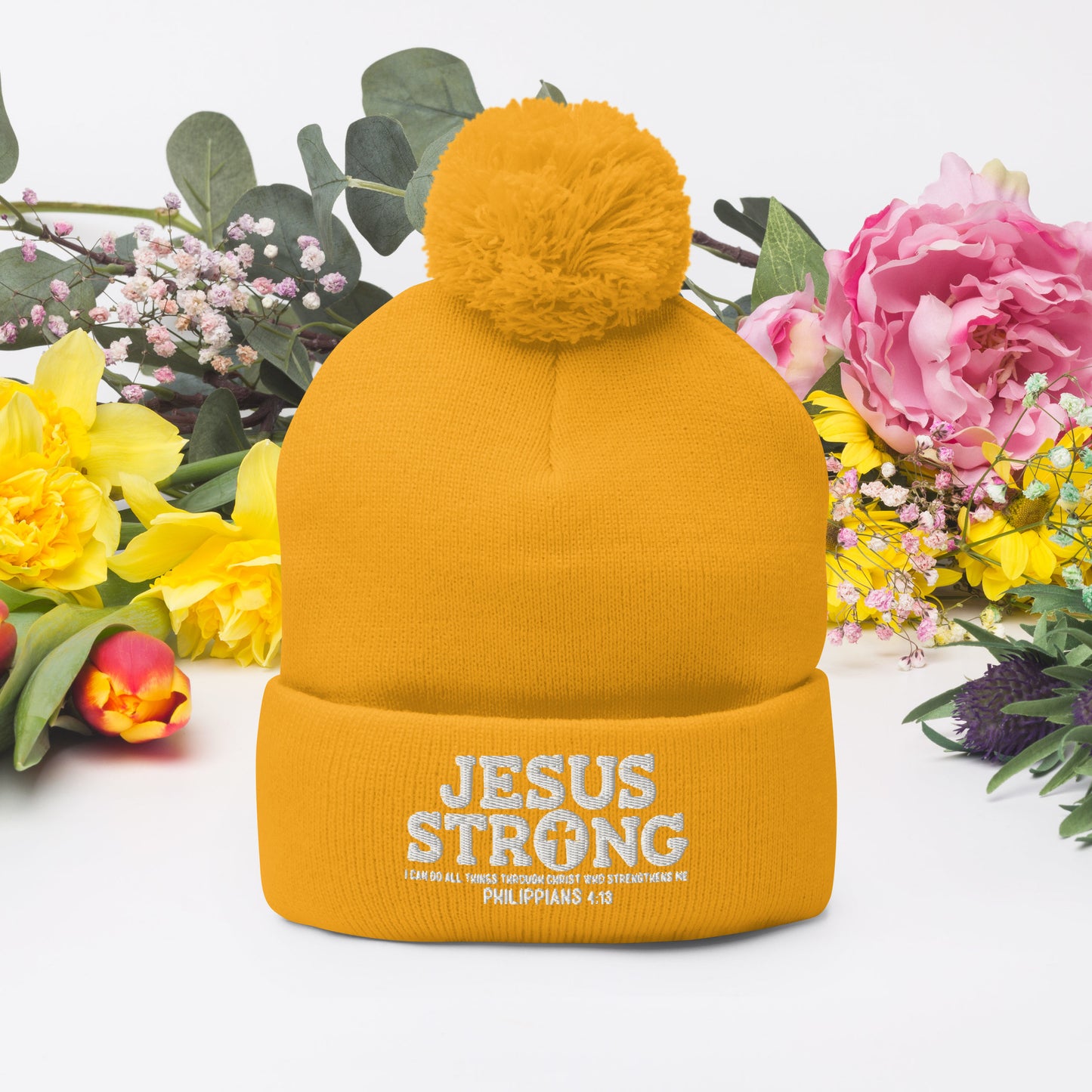 Jesus Strong Adult Christian Pom-Pom Beanie