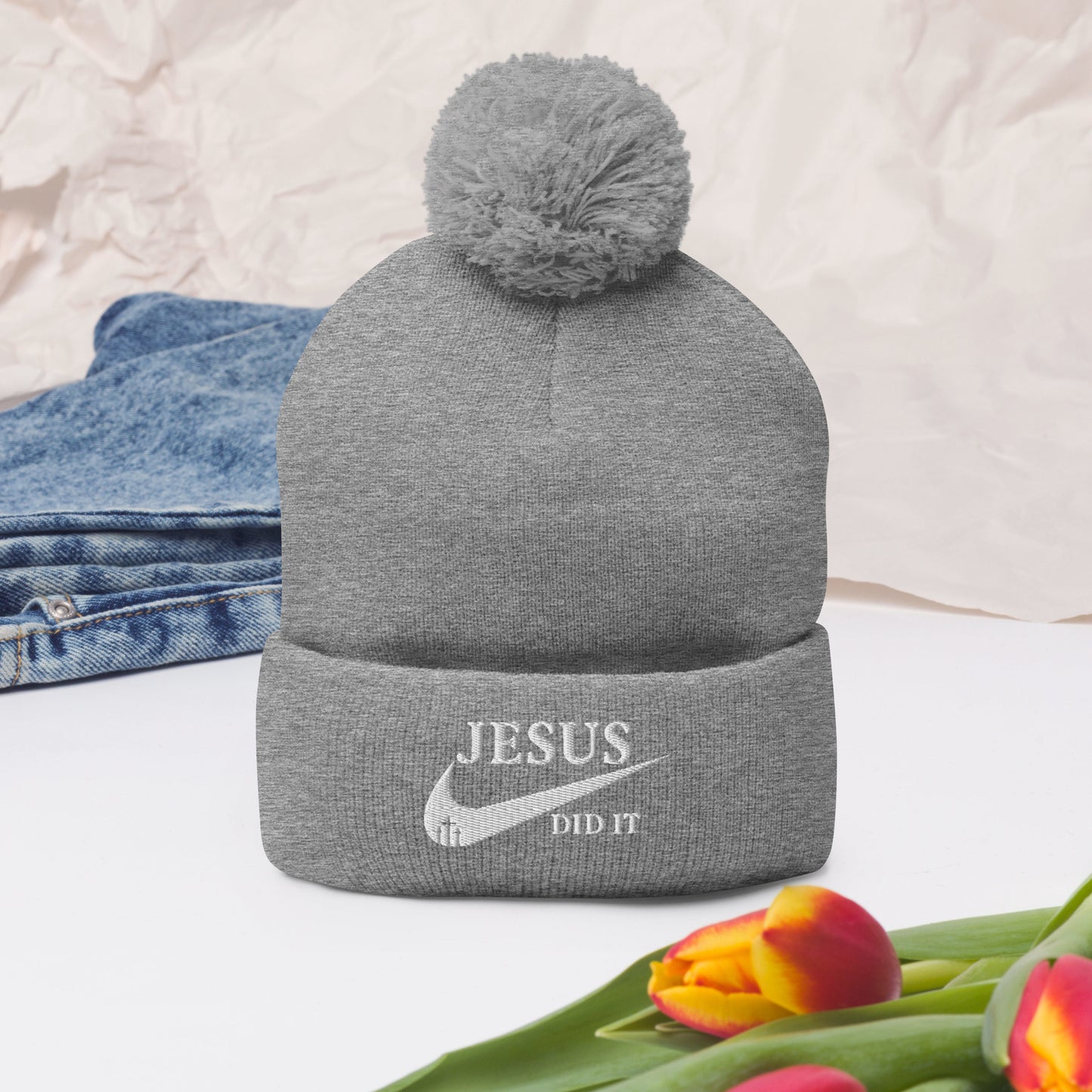 Jesus Did It (Like Nike) Adult Christian Pom-Pom Beanie