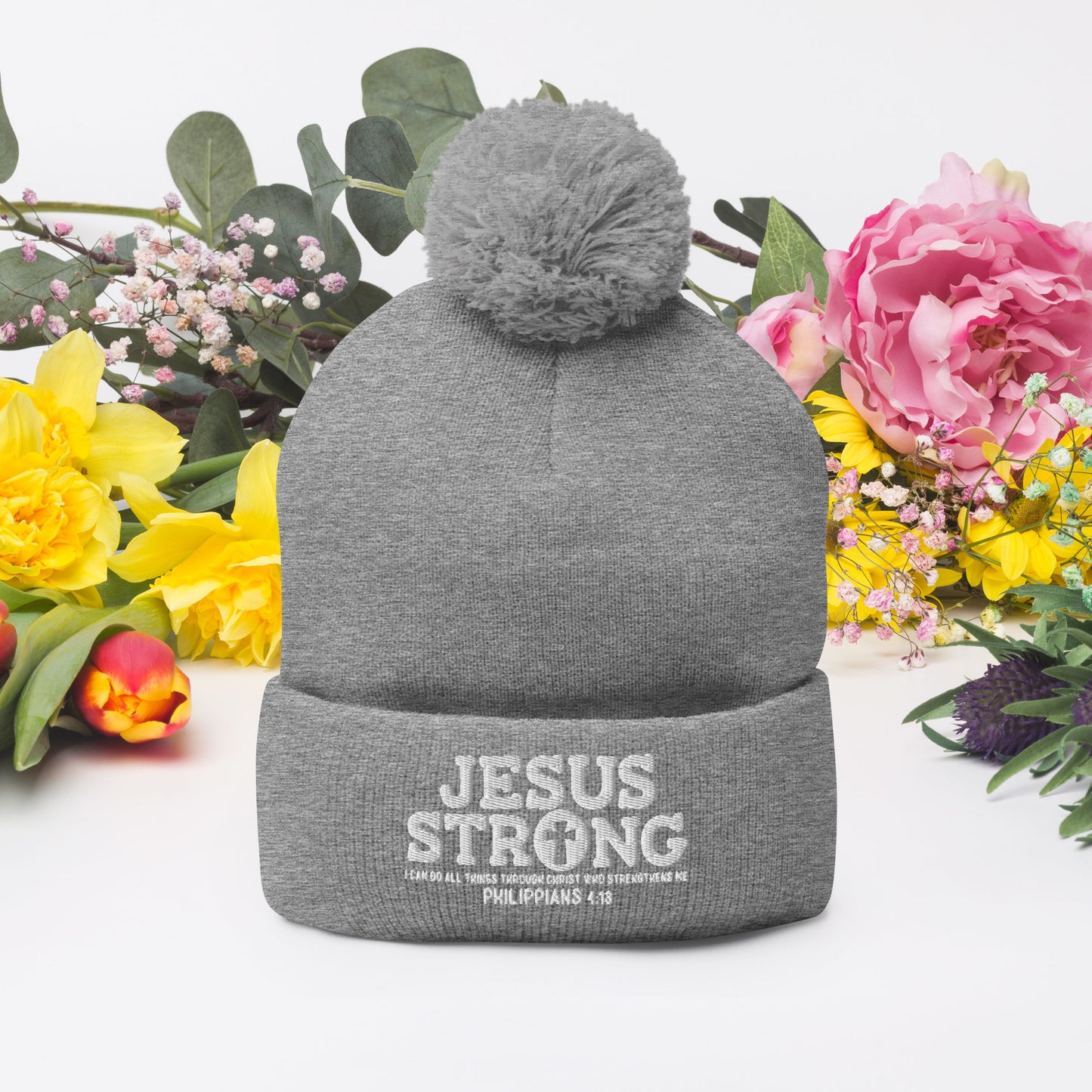 Jesus Strong Adult Christian Pom-Pom Beanie