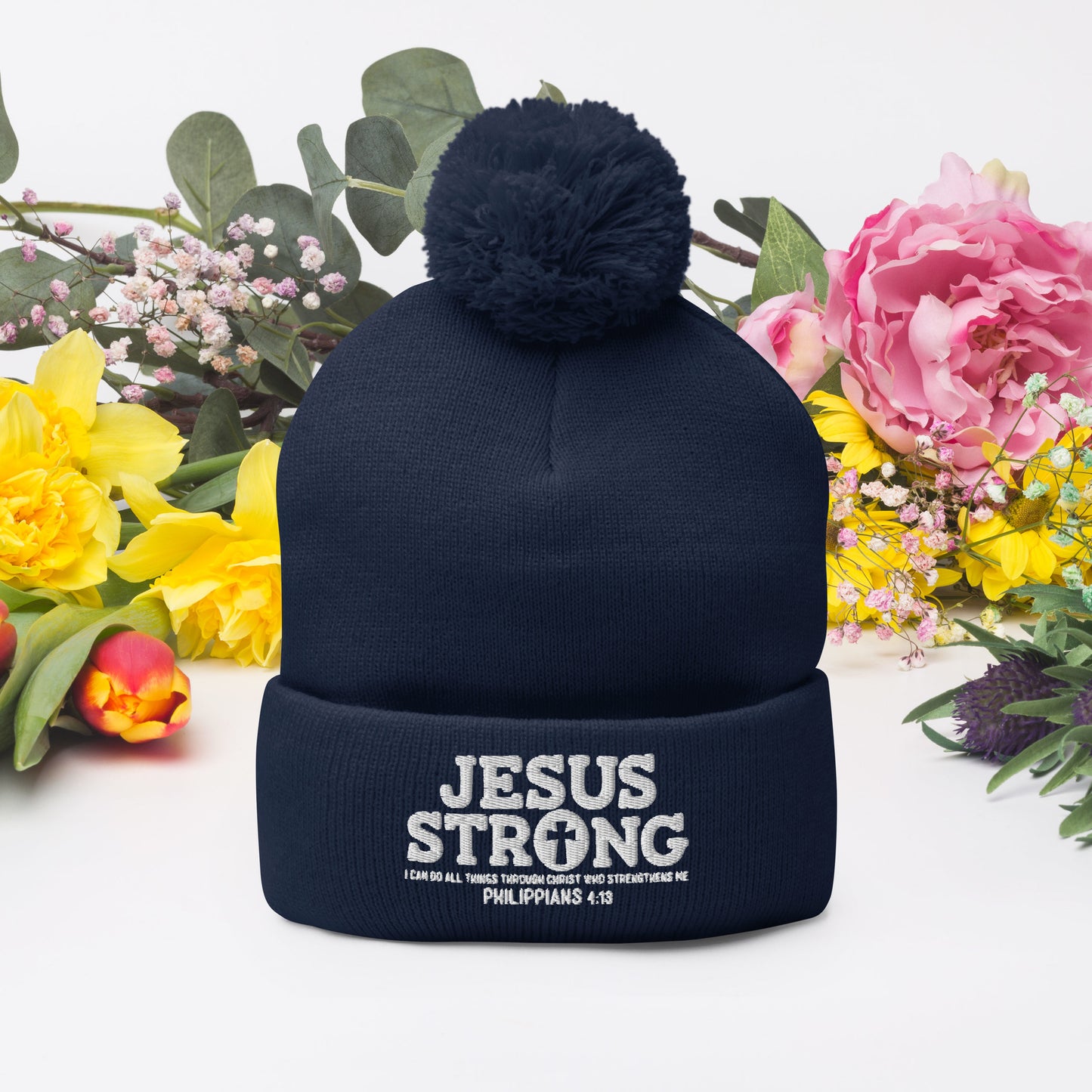 Jesus Strong Adult Christian Pom-Pom Beanie