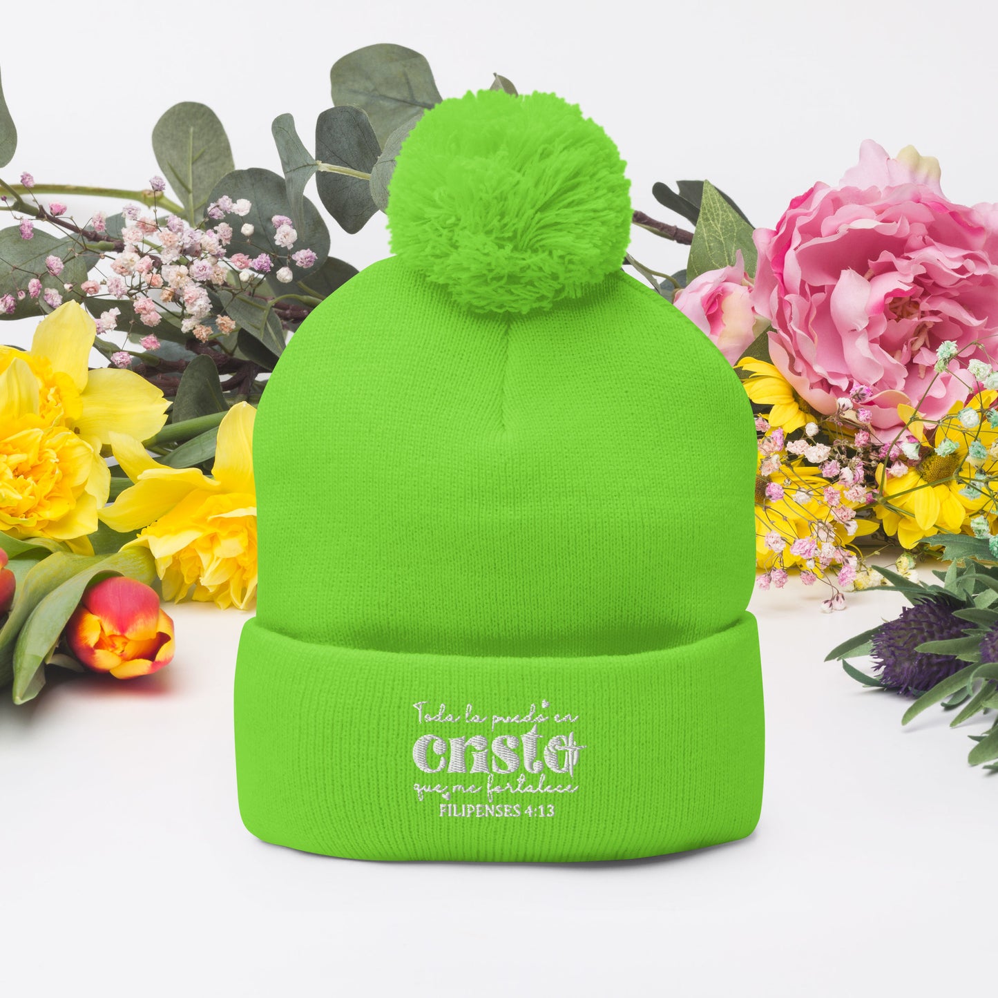 Todo La Puedo En Cristo Que Me Fortalece Spanish Christian Pom-Pom Beanie