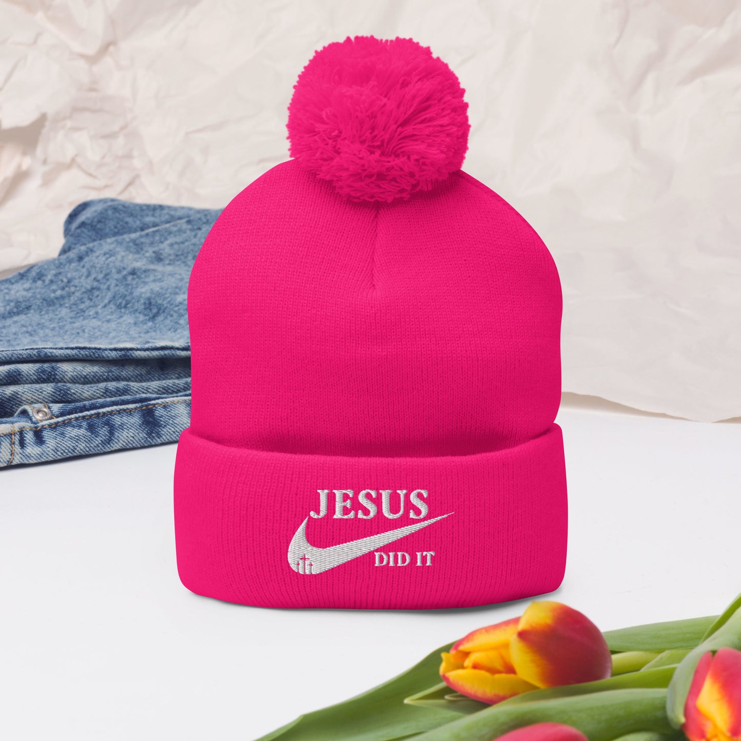 Jesus Did It (Like Nike) Adult Christian Pom-Pom Beanie