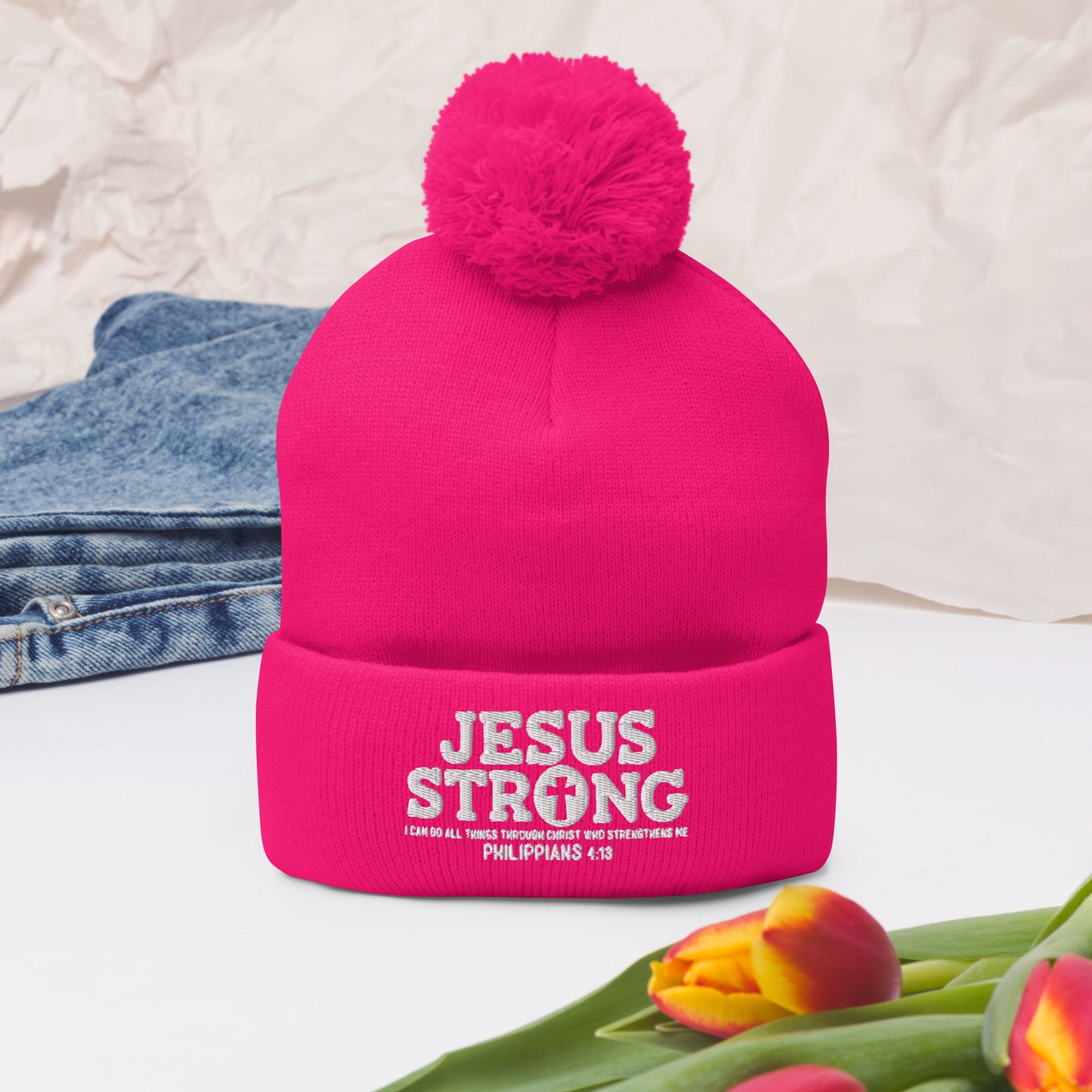 Jesus Strong Adult Christian Pom-Pom Beanie