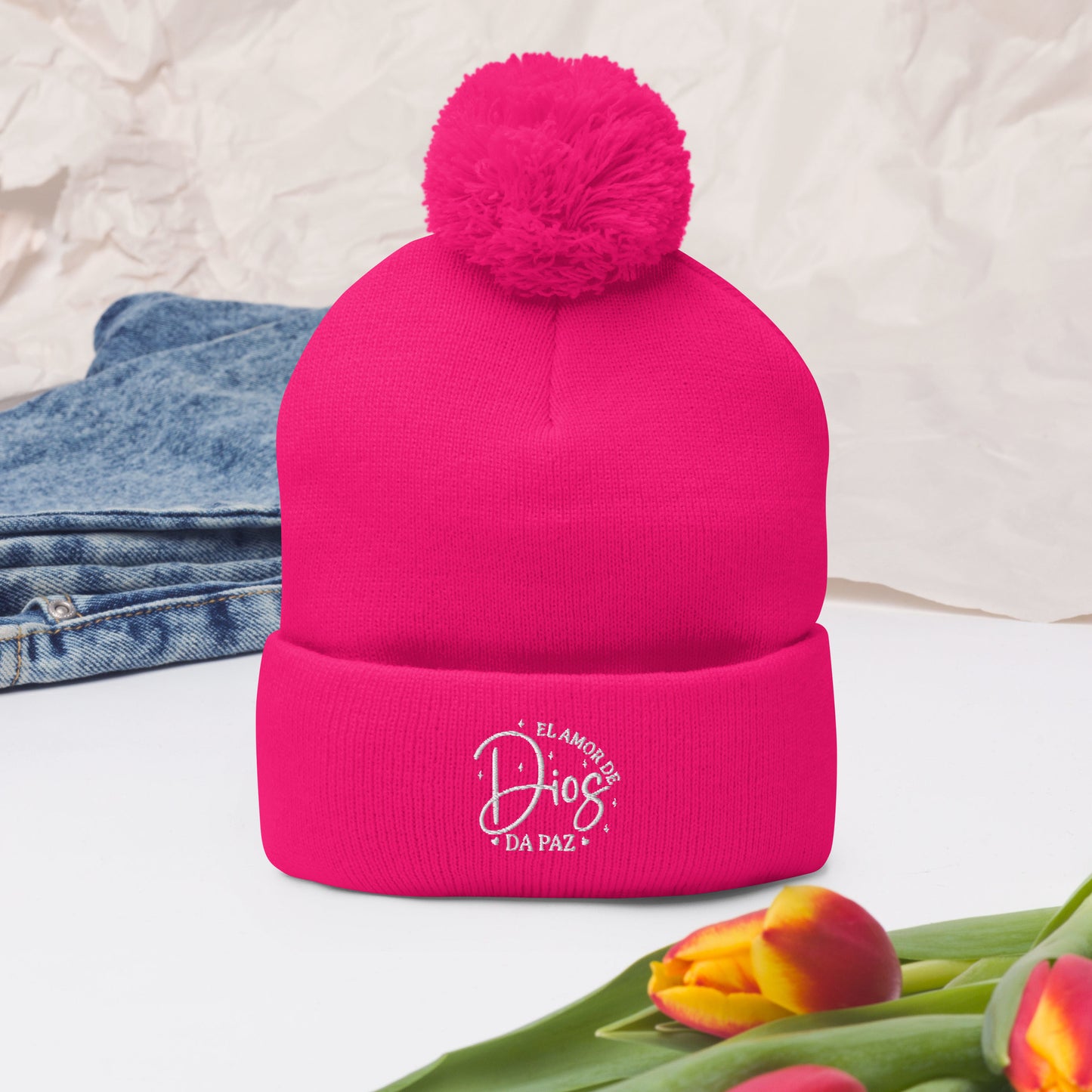 Amor De Dios Da Paz Spanish Christian Pom-Pom Beanie