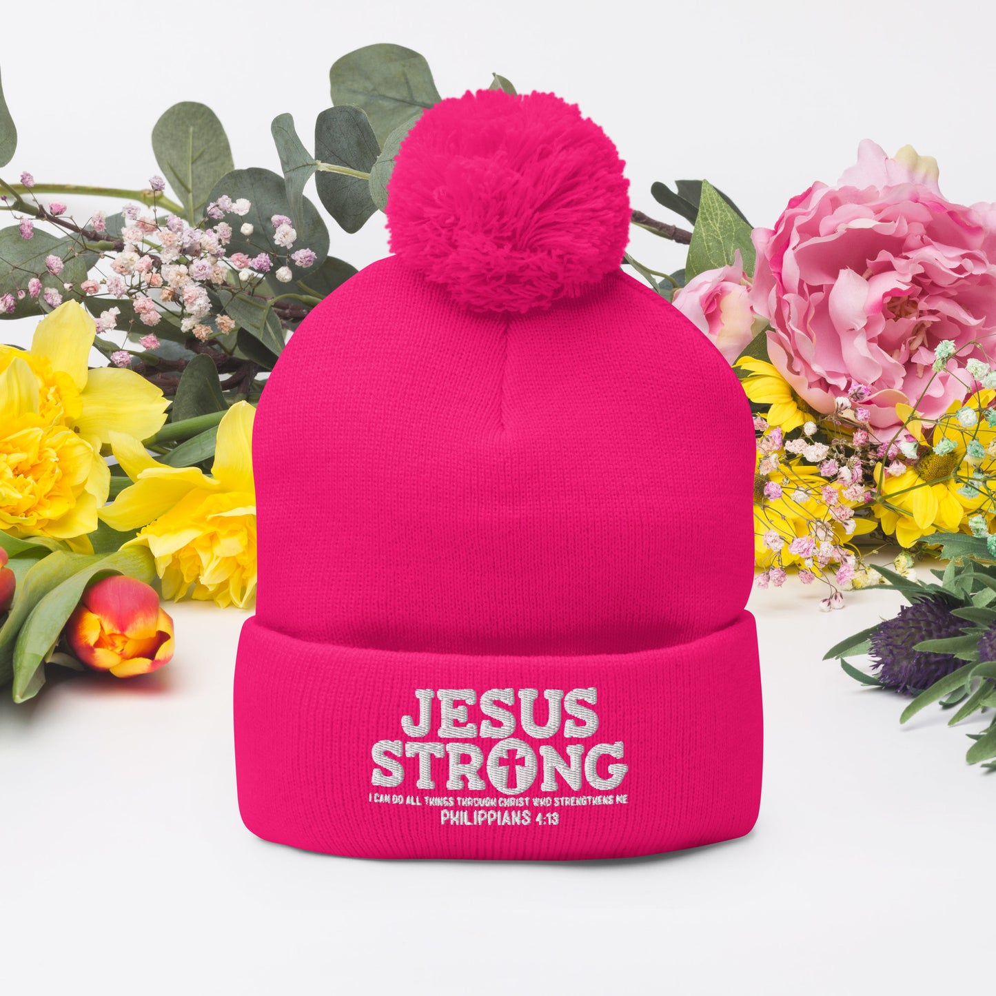 Jesus Strong Adult Christian Pom-Pom Beanie