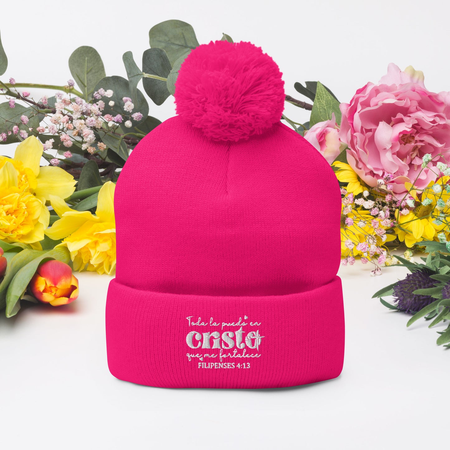 Todo La Puedo En Cristo Que Me Fortalece Spanish Christian Pom-Pom Beanie