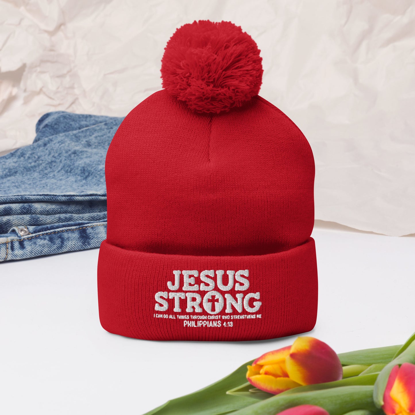 Jesus Strong Adult Christian Pom-Pom Beanie