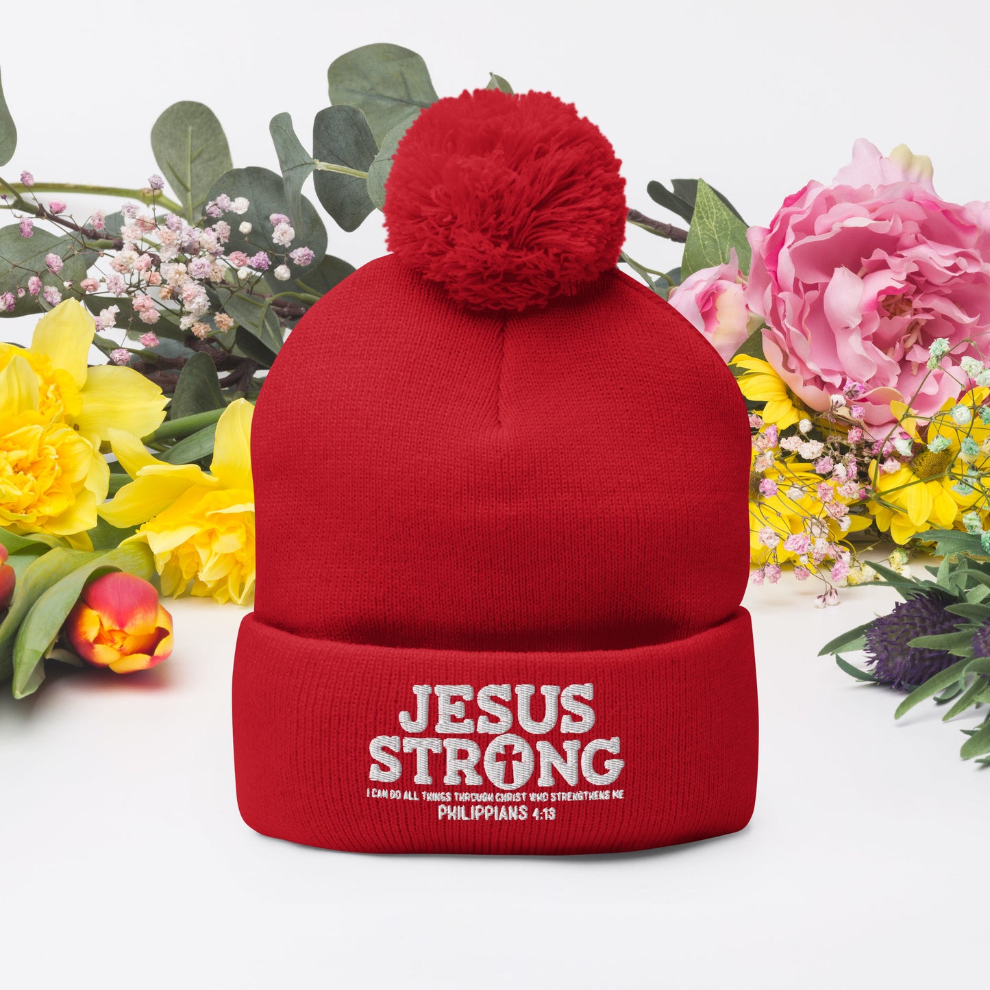 Jesus Strong Adult Christian Pom-Pom Beanie