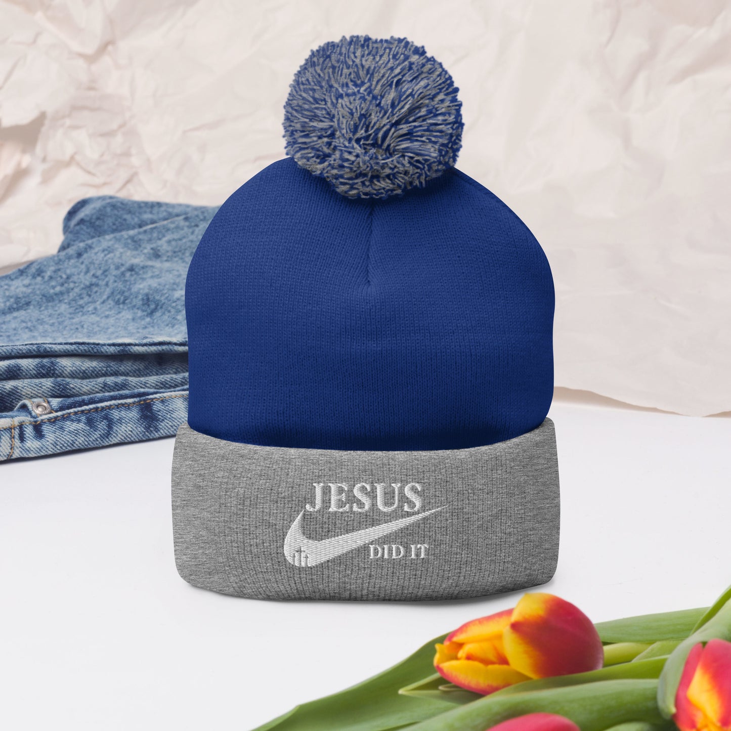 Jesus Did It (Like Nike) Adult Christian Pom-Pom Beanie