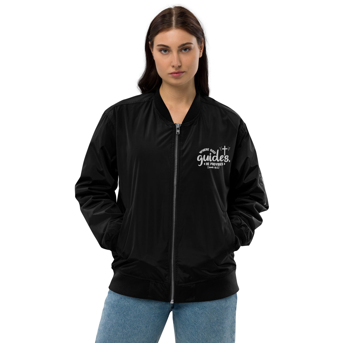 Where God Guides He Provides Unisex Christian Premium recycled bomber jacket