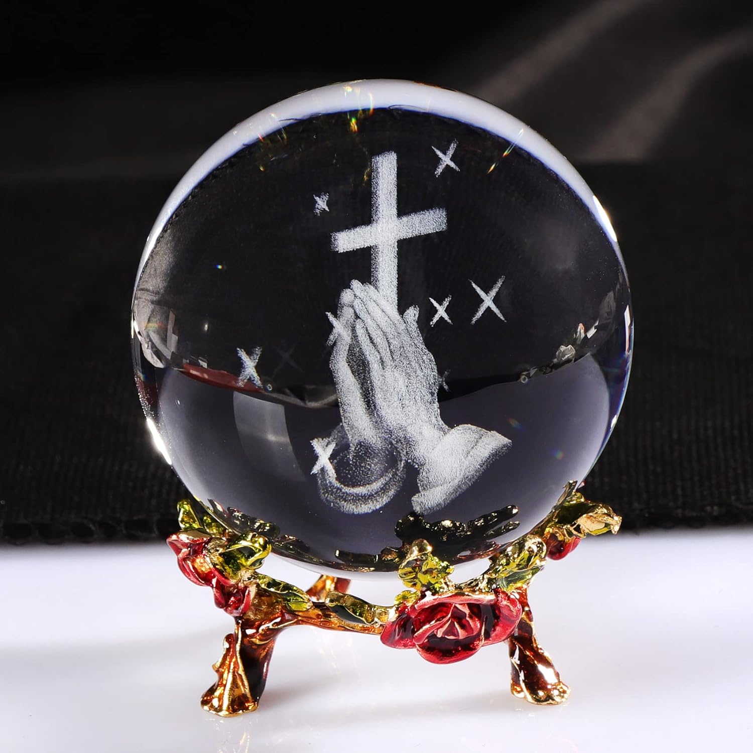 Engraved Prayer Hands Cross Crystal Ball Christian Religious Gift6 60MM 236in