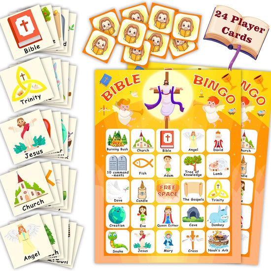 Bible Bingo Game for Kids Adults Christian Sunday Church Game Bible Activities 24 Bingo Cards Sets for Family Open Day Vacation Bible School Decorations Easter Gifts Holiday Party Favors Supplies