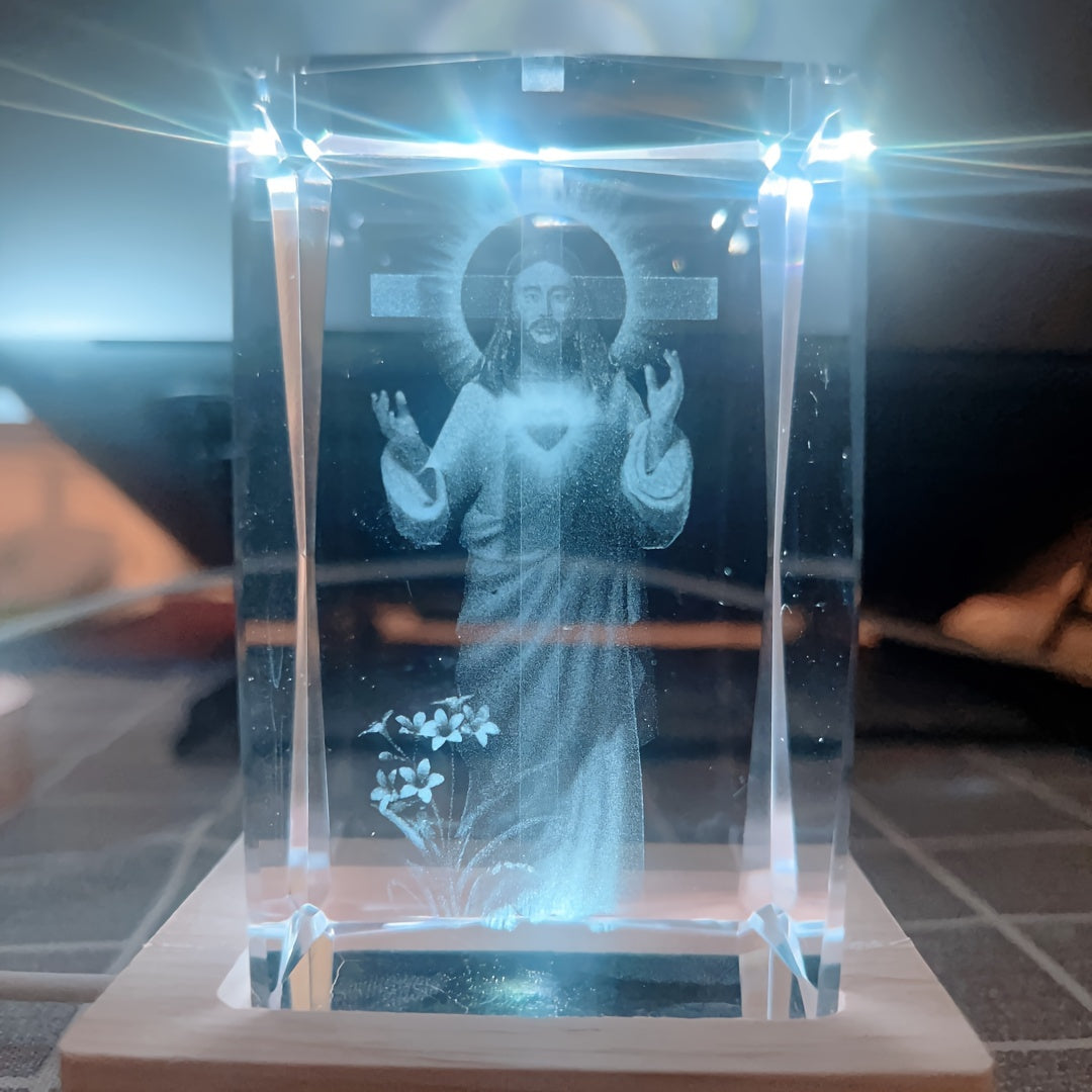 1pc Jesus  The Cross 3D Crystal Ornament Light Christian Gift Idea With USB Color Light Base