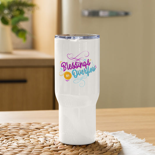 Blessings On Overflow Christian Travel mug with a handle