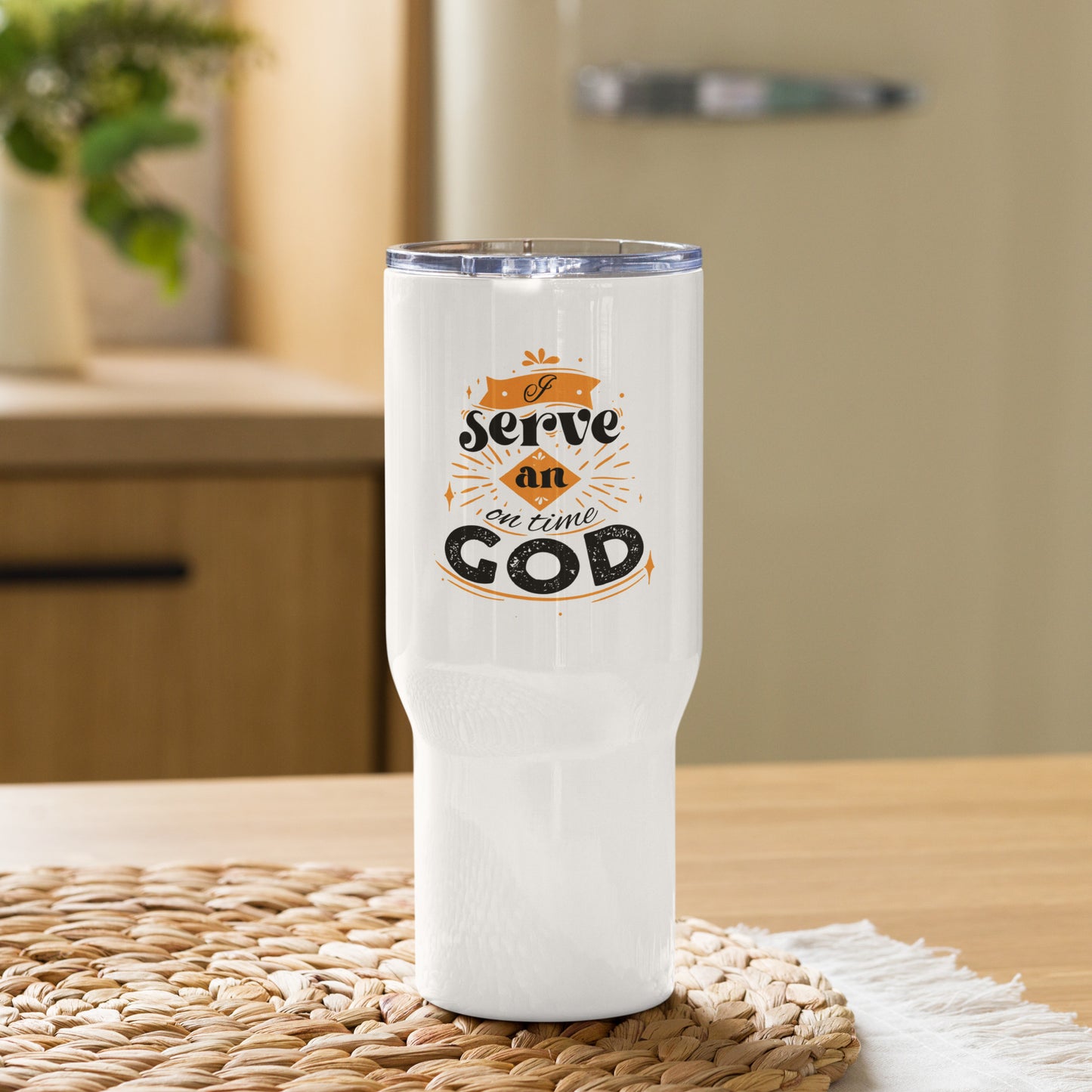 I Serve An On Time God Christian Travel mug with a handle