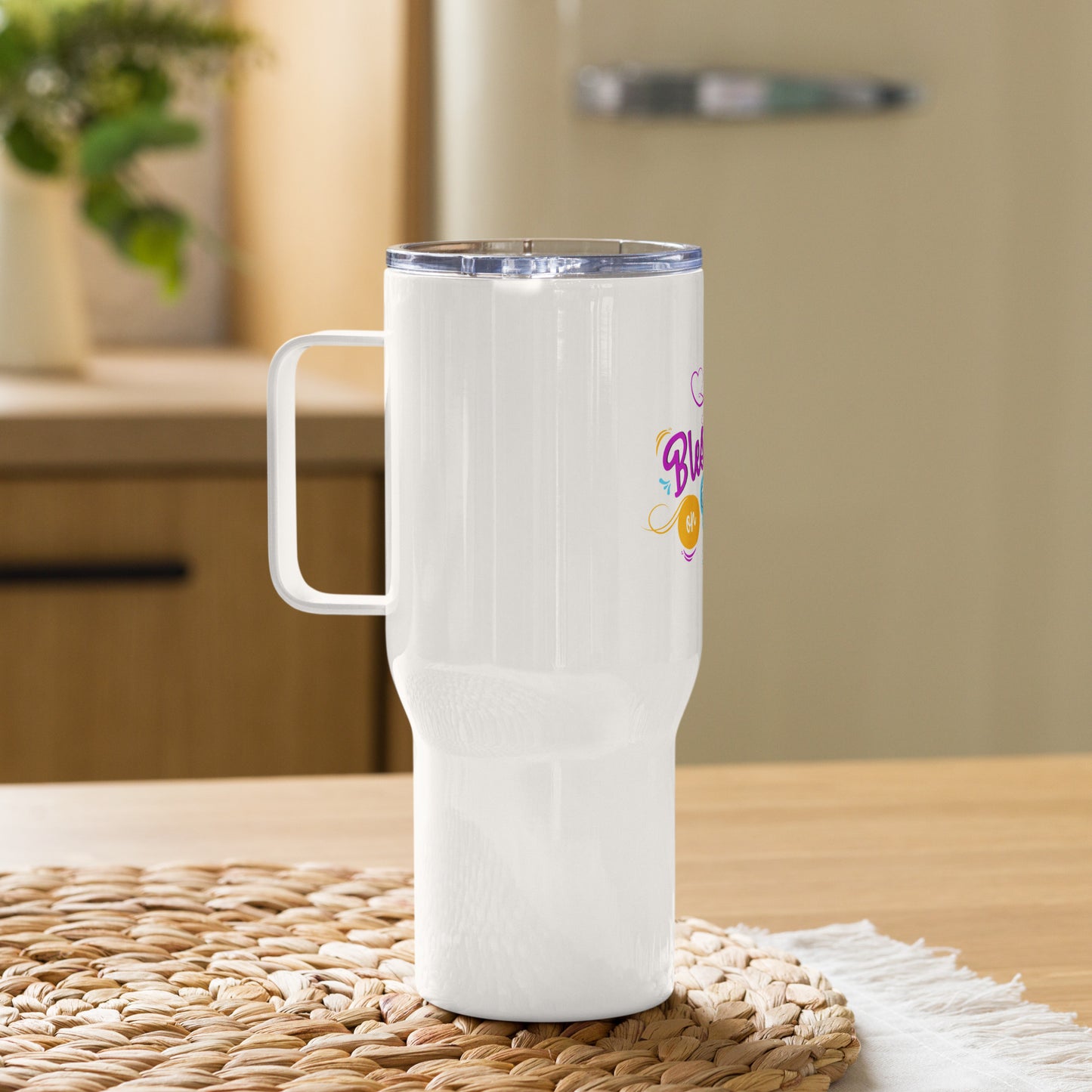 Blessings On Overflow Christian Travel mug with a handle