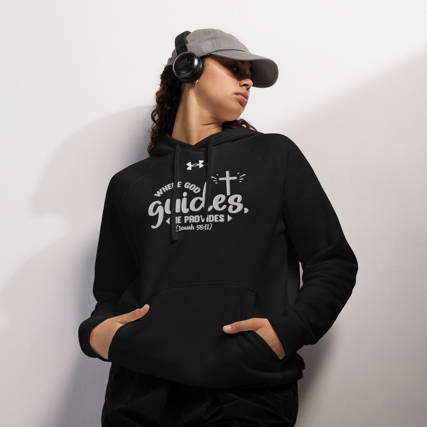 Where God Guides He Provides Unisex Christian Embroidered Under Armour® Hooded Sweatshirt (hoodie)